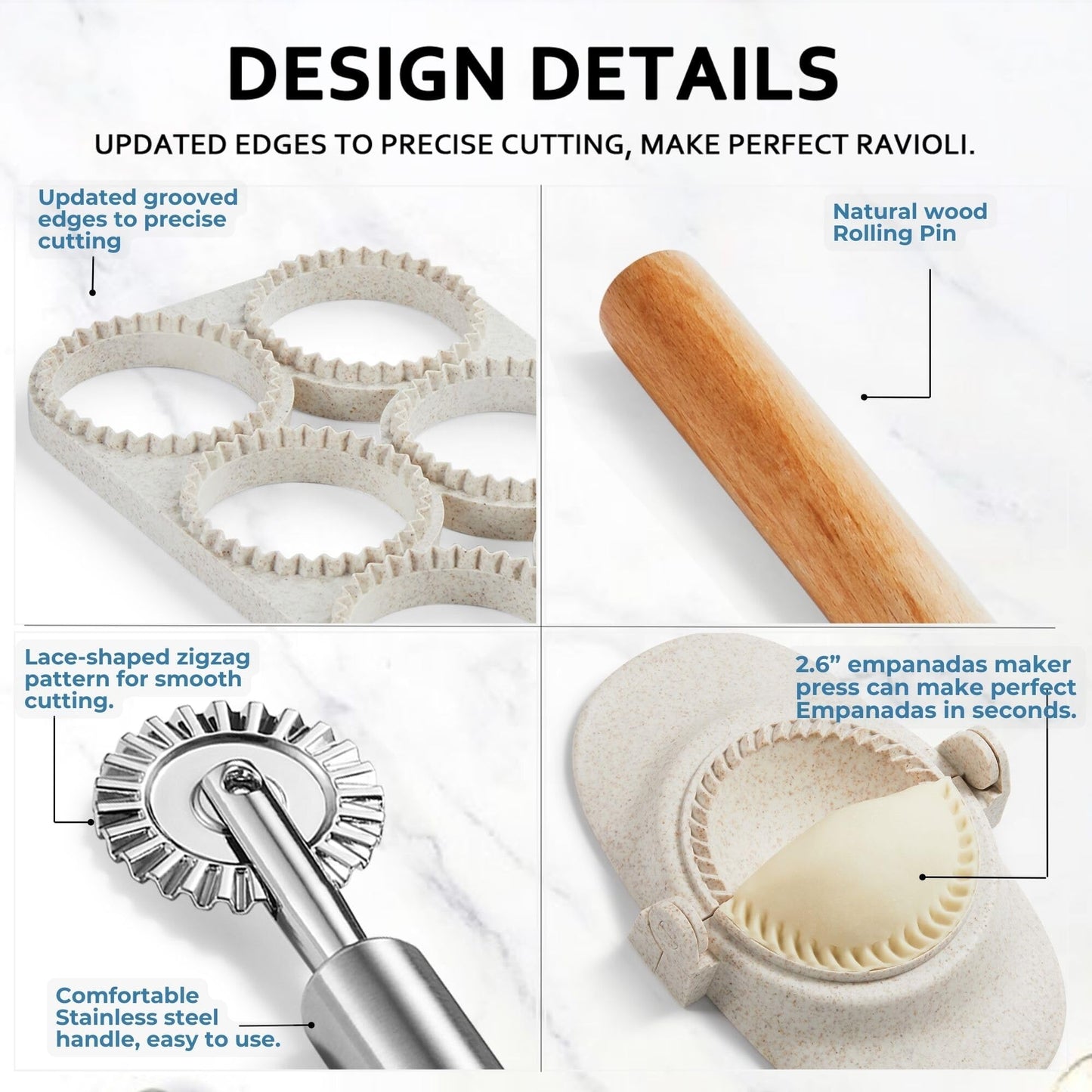MUMSUNG Ravioli Maker Press, Ravioli Press Mold Set - Round Ravioli Stamp Maker Cutter with Wood Rolling Pin, 2.6" Empanada Maker Press Kit and Ravioli Wheel, Makes 8 Ravioli