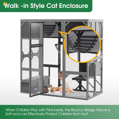 Ball & Cast Outdoor Wooden Cat House Catio Enclosure with Enter Door Kennel,Bouncy Bridge,Platforms and Small Houses,Waterproof,for Walk-in Kitty Kennel,Dark Grey