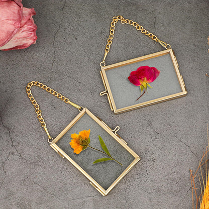 JUXYES 8 Pack Mini Brass Floating Frames Ornaments With Hanging Chain - Double Glass Tiny Picture Display Frame - Gold Wallet Size Floater Style Gallery Wall Frame for Pressed Flowers, 2x3 Inches
