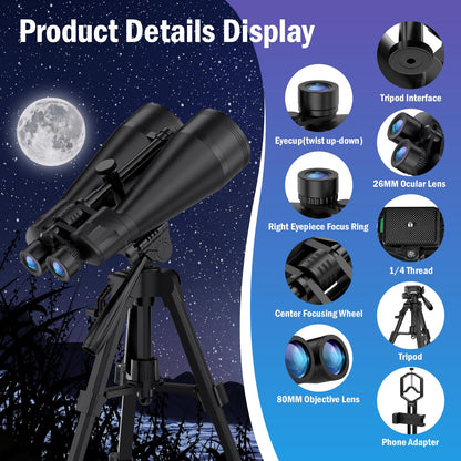 20x80 Astronomy Binoculars for Adults, High Power Stargazing Binoculars with Bak4 Prism, Low Light Vision for Moon Observation & Wildlife Watching, Includes Tripod,Tripod Adapter and Carrying Case