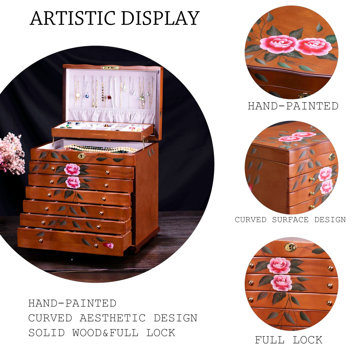 Xloverise Hand-Painted Wooden Jewelry boxes for women,large jewlrey box&organizers for necklace hanger,jewerly organizer,9-layer large capacity jewelry storage box,jewelry cabinet