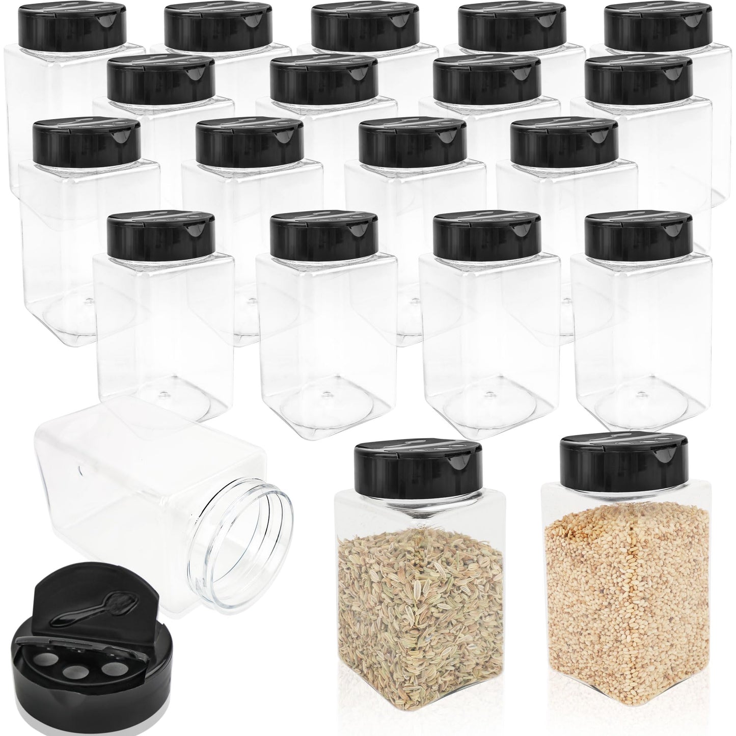 Conagel 20 Pack 9 oz Plastic Spice Jars with Black Cap Clear Empty Square Plastic Spice Bottle Large Empty Seasoning Containers for Storing Spice Seasoning Powders