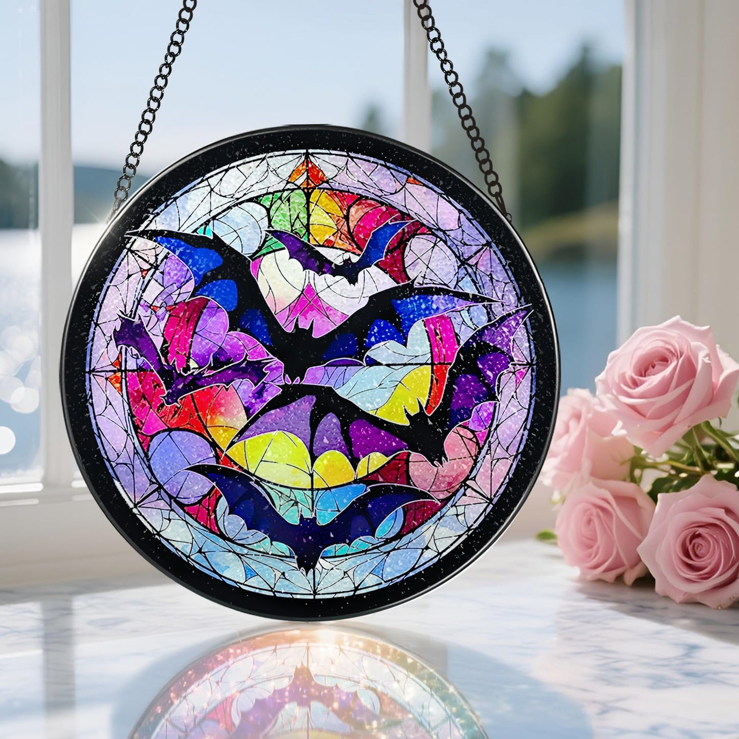 8 Inch Stained Glass Suncatcher Ornament, DOUHASU Bat Sun Catchers Indoor Window, Stained Glass Window Hanging, Home Decor, Bat Lovers Gifts for Him, Men