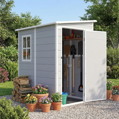 Devoko 5 x 4 FT Resin Outdoor Storage Shed with Floor, Plastic Tool Shed with Window, Outside Waterproof Garden Shed with Lockable Door for Patio, Lawn, Backyard, Poolside, Light Grey