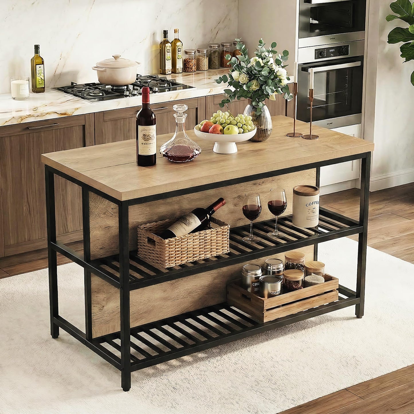 LITTLE TREE 55-Inch Kitchen Island Table with Storage, 3-Tier Stationary Center Island Table with Metal Base, Farmhouse Rustic Kitchen Island, Brown