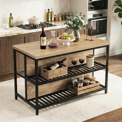 LITTLE TREE 55-Inch Kitchen Island Table with Storage, 3-Tier Stationary Center Island Table with Metal Base, Farmhouse Rustic Kitchen Island, Brown
