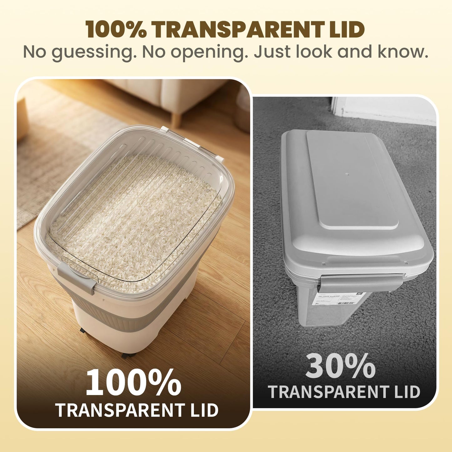 HOYTAMDAR 20-50Lbs Rice Container,Collapsible Food Storage Containers with Airtight Clear Lid,Wheels,Rice Storage Container with Small Bin and Scoop,Rice Dispenser for Flour Sugar Cereal Grain Dog Cat
