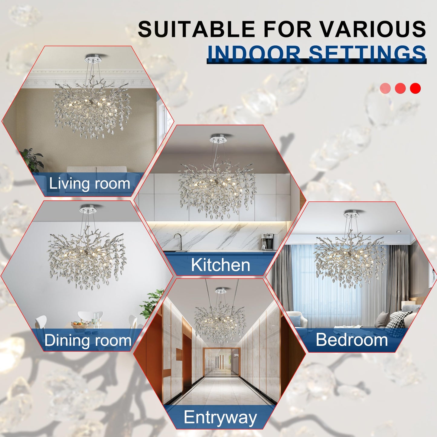 KVTOEP Modern Crystal Tree Branches Chandelier, 30in Silver 10 Lights Large Ceiling Hanging Light for Dining Room, Round Raindrop Pendant Light Fixture