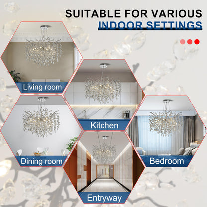 KVTOEP Modern Crystal Tree Branches Chandelier, 30in Silver 10 Lights Large Ceiling Hanging Light for Dining Room, Round Raindrop Pendant Light Fixture