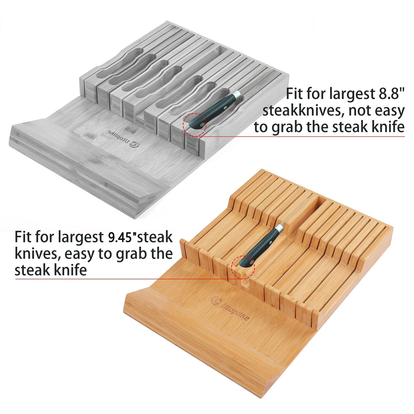 Utoplike In-drawer Knife Block Bamboo Kitchen Knife Drawer Organizer Large, handle Steak knife Holder without Knives, Fit for 16 Knife and 1 Sharpening Steel (Knives & Sharpening Not Included)