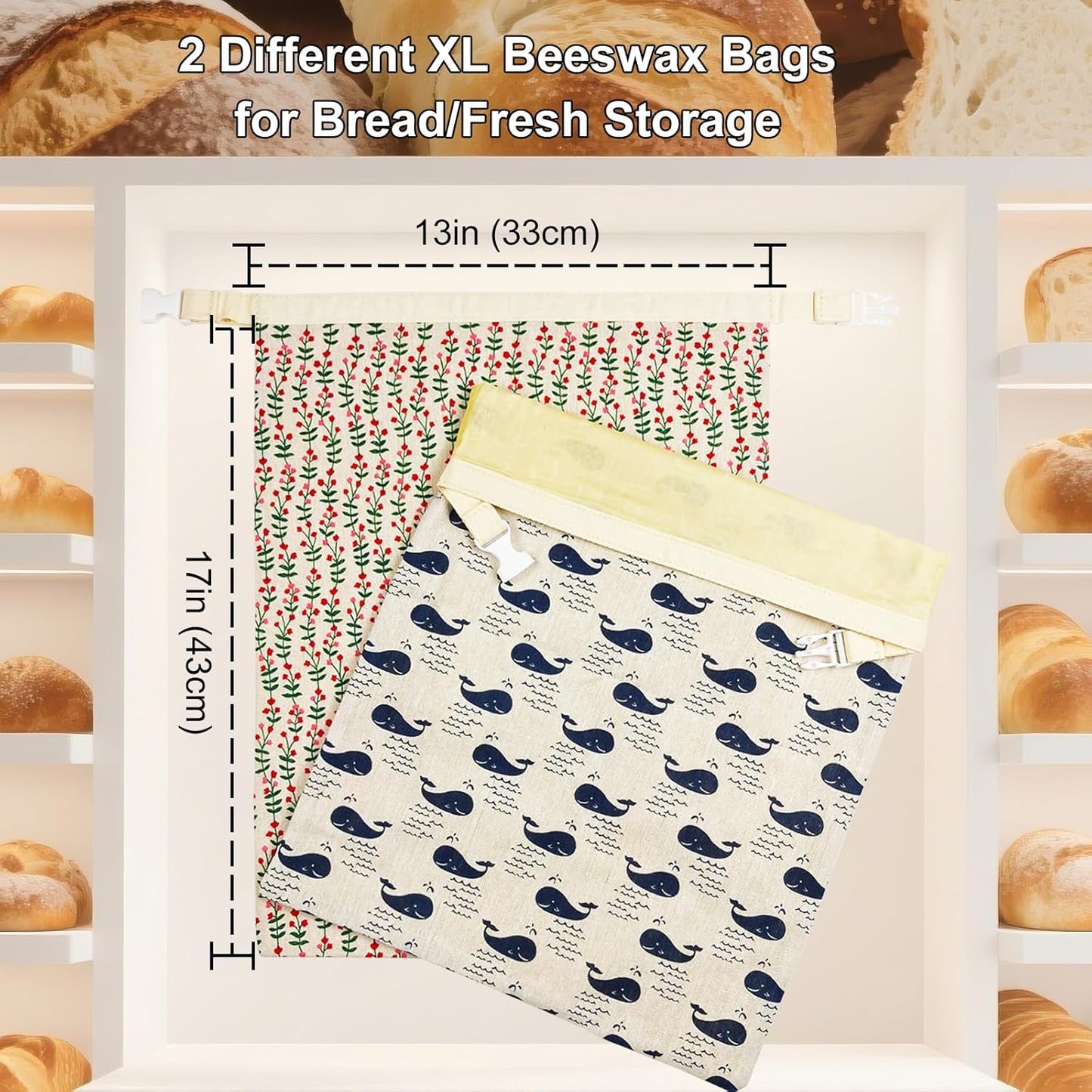 13x17in (2 Pack) Reusable Beeswax Bread Bags for Homemade Sourdough: XL Eco-Friendly Plastic-free Food Storage |