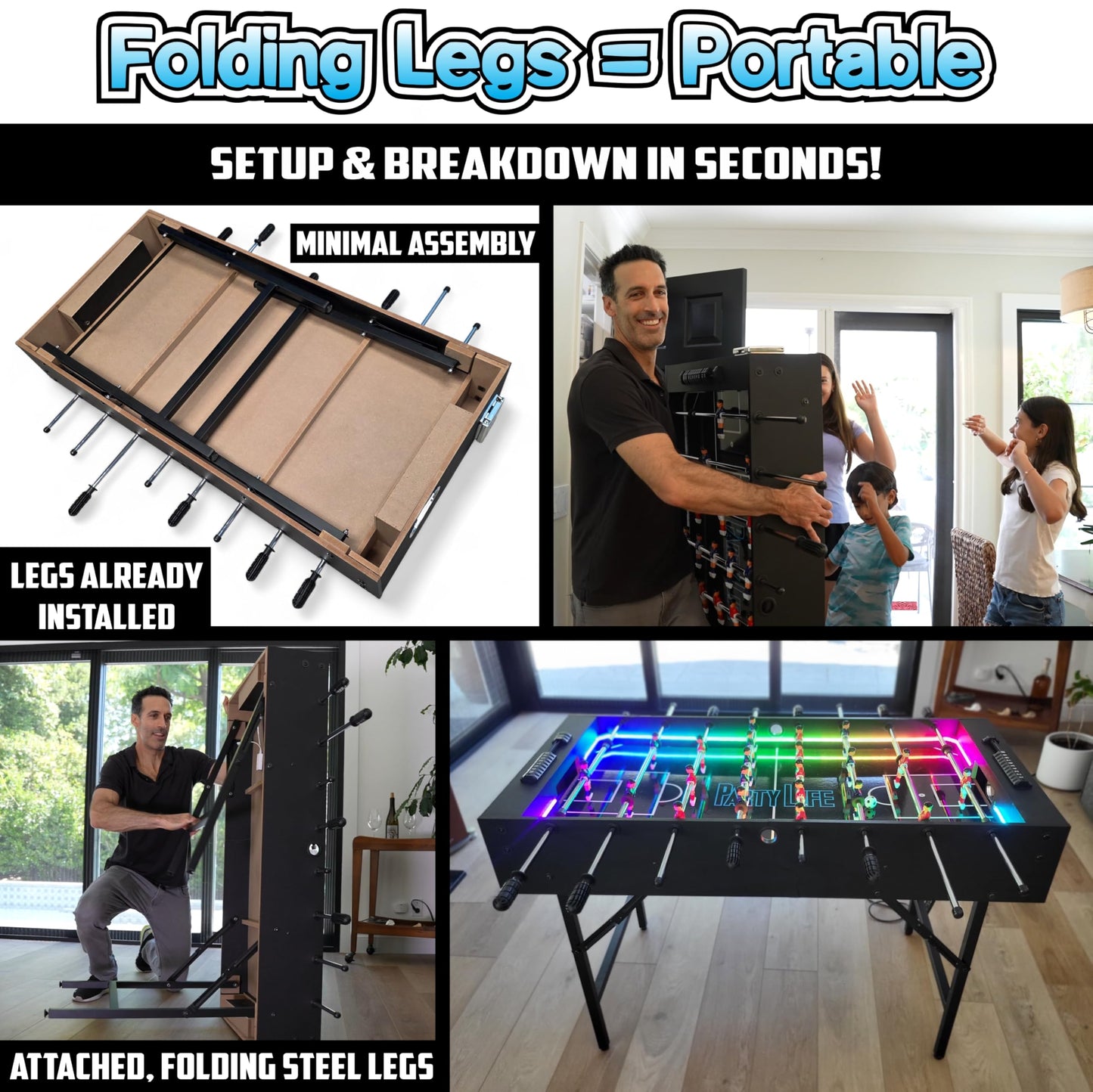 PartyLife 48" Foosball Table w/LED Lights & Folding Steel Legs | Minimal Assembly, Smooth Surface, Very Sturdy - Perfect for Kids and Adults, Game Rooms & Home Arcade!