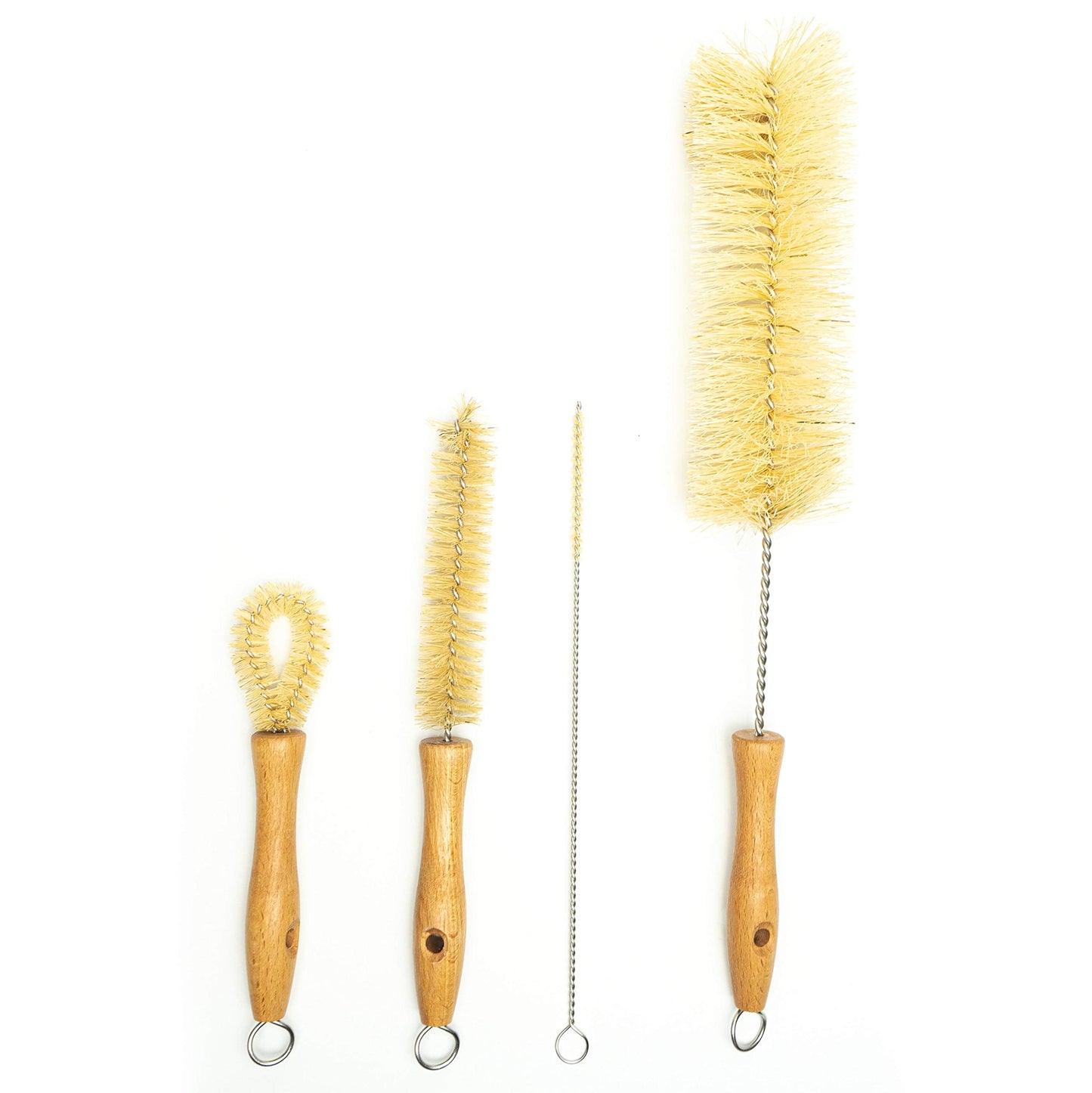 All Natural Bottle Brush and Straw Set (NO Plastic) Sisal Bristles and Wood Handle Bottle Cleaners for Washing Narrow Beer Bottles, Sports/Water Bottles, Tumbler, Kettles, Lid Brush, Long Straw Brush