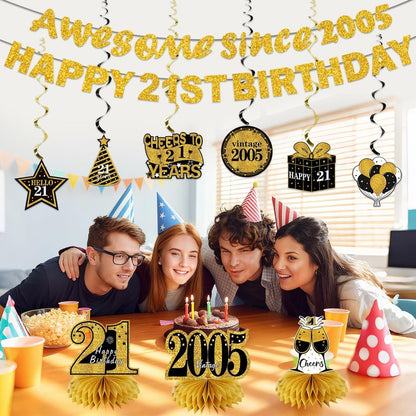 Kuxriox 11Pcs 21st Birthday Decorations Kit for Men Women, Black Gold Happy 21st Birthday Banner, Awesome Since 2005 Centerpieces Swirls Party Supplies, 21 Bday Banner Ceiling Table Topper Sign