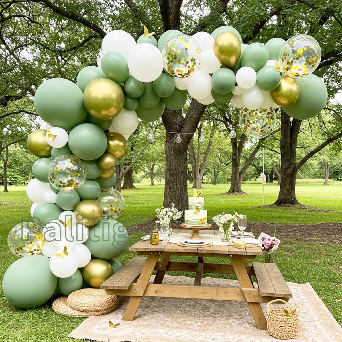 Green Balloon Garland Kit with 112pcs Sage and Olive Balloons, Gold Butterfly for Weddings and Birthdays
