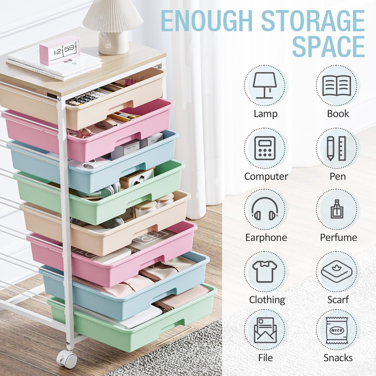 Rolling Storage Cart, Rainbow Cart with 8 Drawers and Wooden Tabletop, Teacher Organization for Classroom, Art Cart for Classroom,Office,Bedroom,Rainbow