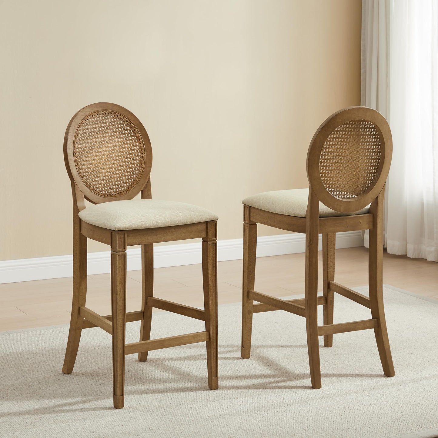Crosley Furniture Katia Traditional Oval Cane-Back Counter Height Stool Set of 2, Upholstered Bar Stools, Driftwood/Crème