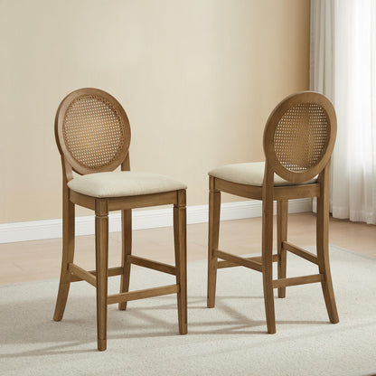Crosley Furniture Katia Traditional Oval Cane-Back Counter Height Stool Set of 2, Upholstered Bar Stools, Driftwood/Crème