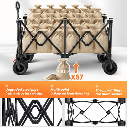 Beach Wagon Carts Foldable 570LBS Collapsible Wagon with Big All-Terrain Wheels for Sand 330L Heavy Duty Utility Carts with Cup Holders for Garden, Camping, Grocery, Black