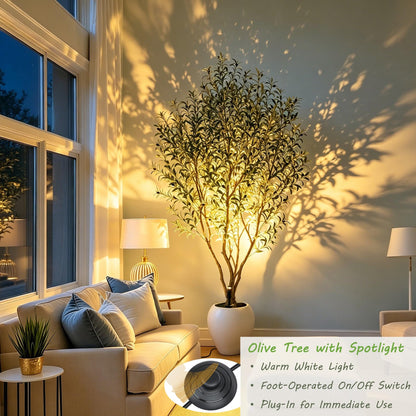 Nafresh 8FT Large Faux Olive Tree with 15''Wx13.5''H White Planter & Warm White Spotlight, Olive Trees Artificial Indoor with Multi Branches, Fake Olive Tree for Indoor Outdoor Home Office Decor