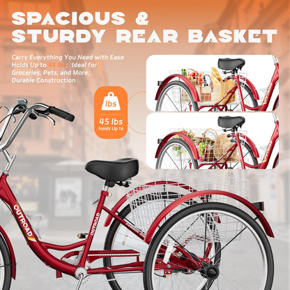 Max4out Adult Tricycle with Large Basket 24/26 Inch, Stable 3 Wheel Cruise Bicycle for Shopping, Beach and City Trike Perfect for Men, Women, Seniors（24 Red）