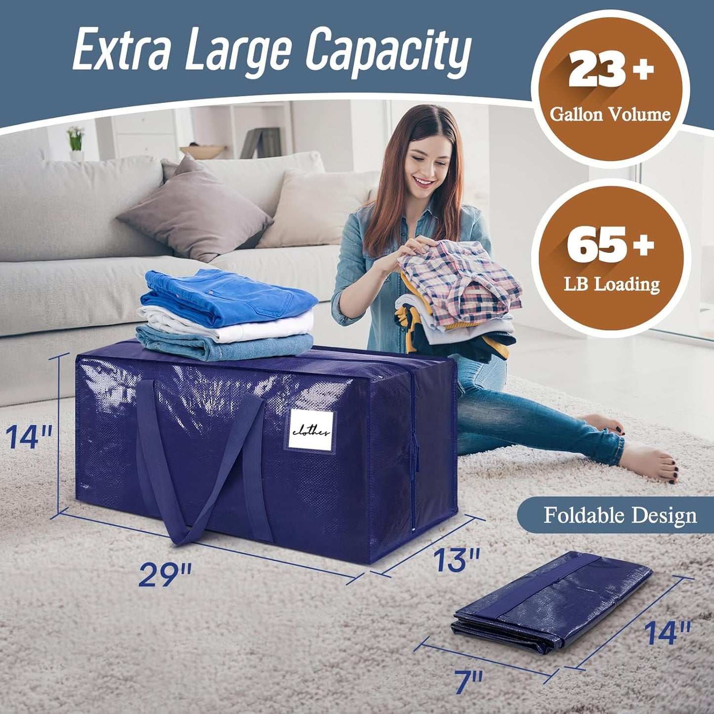 Skiennix 12 Pack Extra Heavy Duty Moving Bags - Strong Zipper & Comfortable Handles | Durable Dark Blue Storage Totes