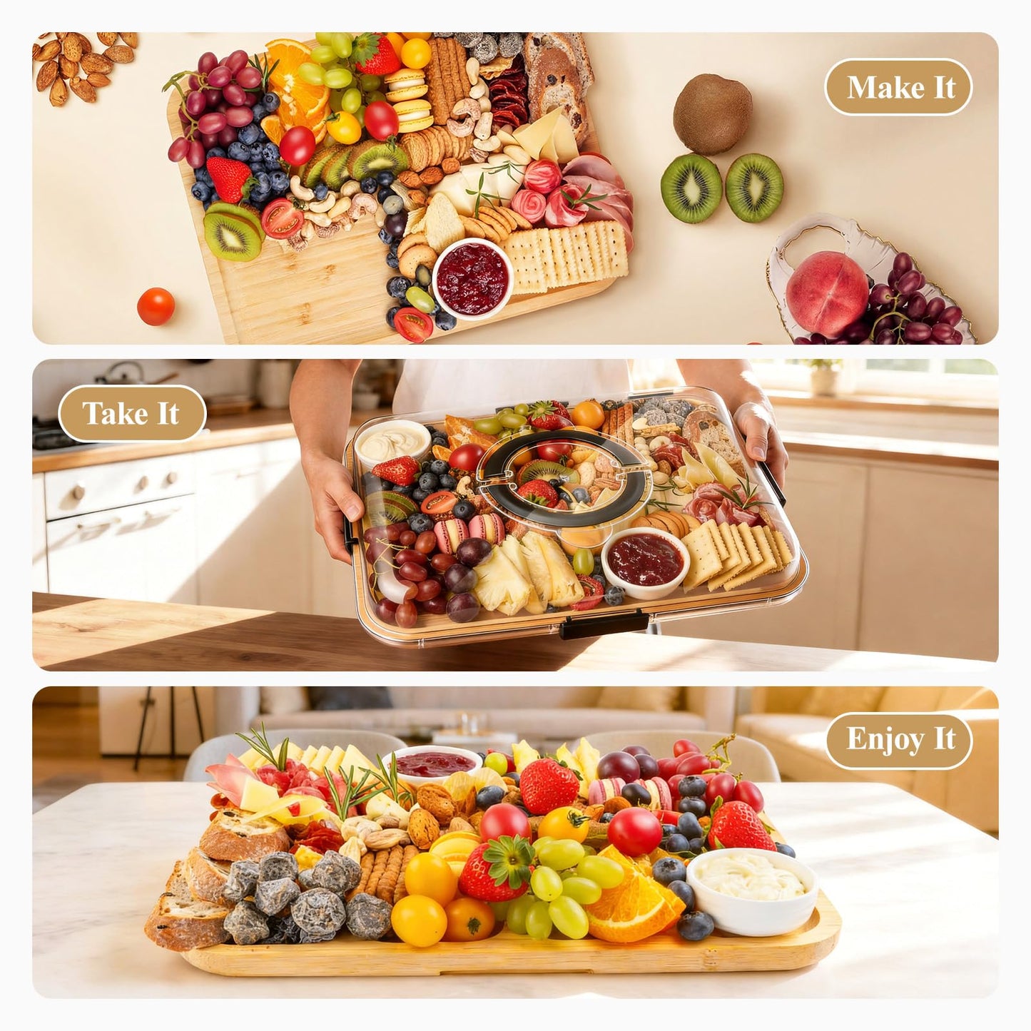 Charcuterie Board with Lid and Handle, Portable Travel Design Bamboo Cheese Board with Knife Set, Meat Fruit Serving Tray Platter, House Warming Gifts New Home, Gifts for Women, 6 Compartments