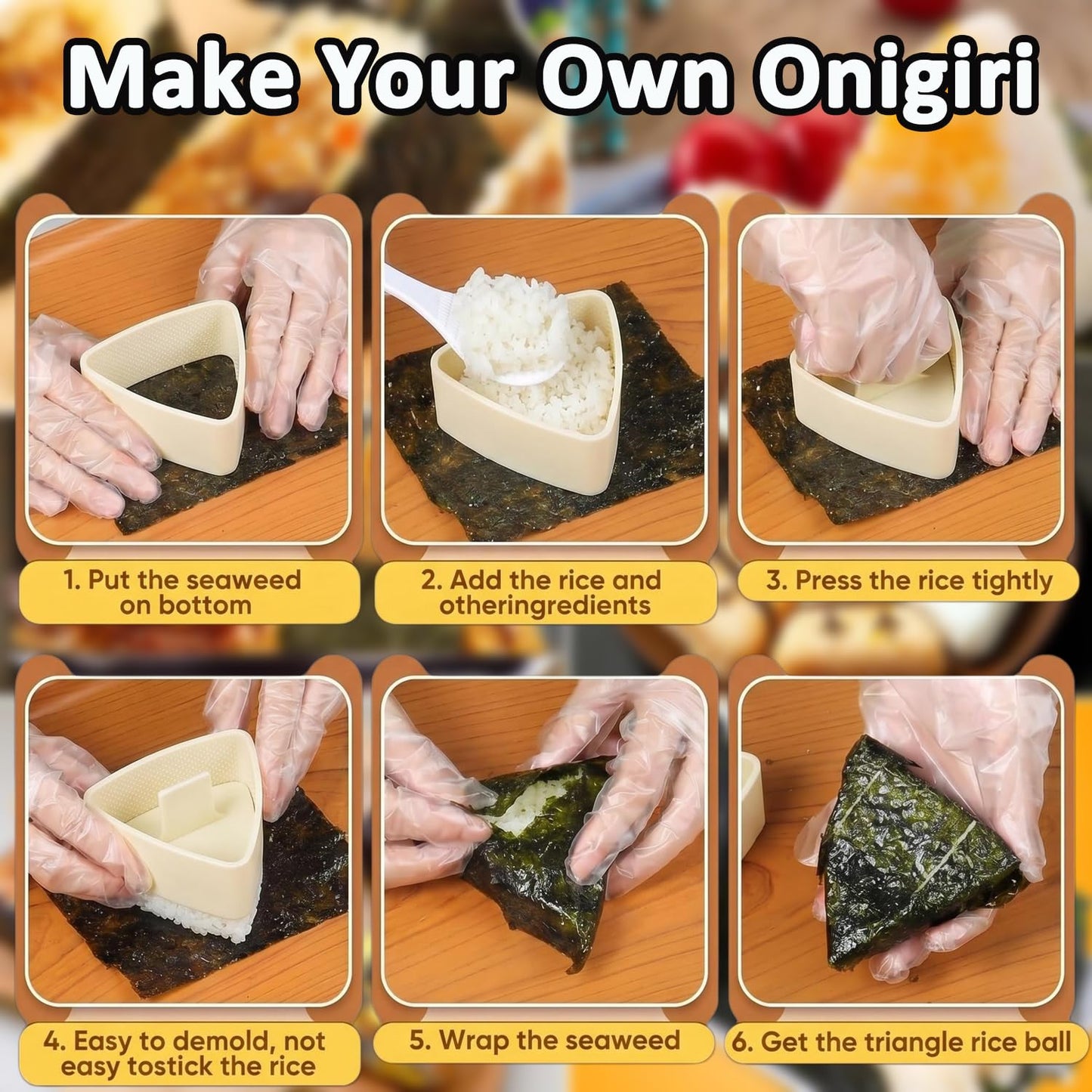 Onigiri Mold Set - 12pcs Spam Musubi Maker Press Rice Ball Mold Sushi Rolling Mat Sushi Making Kit with 50pcs Onigiri Wrappers and Stickers for Lunch Bento and Home DIY