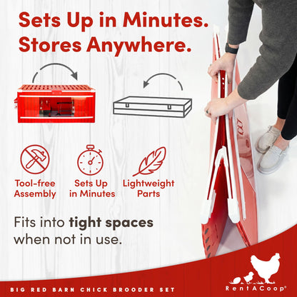 RentACoop Big Red Barn Chick Brooder Set | Durable, Lightweight, Easy-Clean, Multipurpose | with Heating Plate, Feeder, Waterer, Absorbent Hatchling Liners, Jute Liners, LED Light, Security Latch