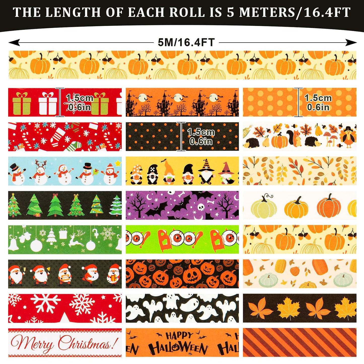 Whaline 24 Rolls Fall Halloween Christmas Washi Tape 3 Holidays Masking Tape Leaves Pumpkin Ghost Snowflake Santa Decorative Tapes for Thanksgiving Autumn Winter Xmas Scrapbook Journal DIY Art Craft