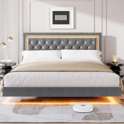 Floating Queen Platform Bed Frame with Smart LED Lights – Modern Diamond Upholstered Headboard, Noise-Free Wood Slats, Under-Bed Storage, Easy Assembly, Contemporary Bedroom Furniture, King Gray