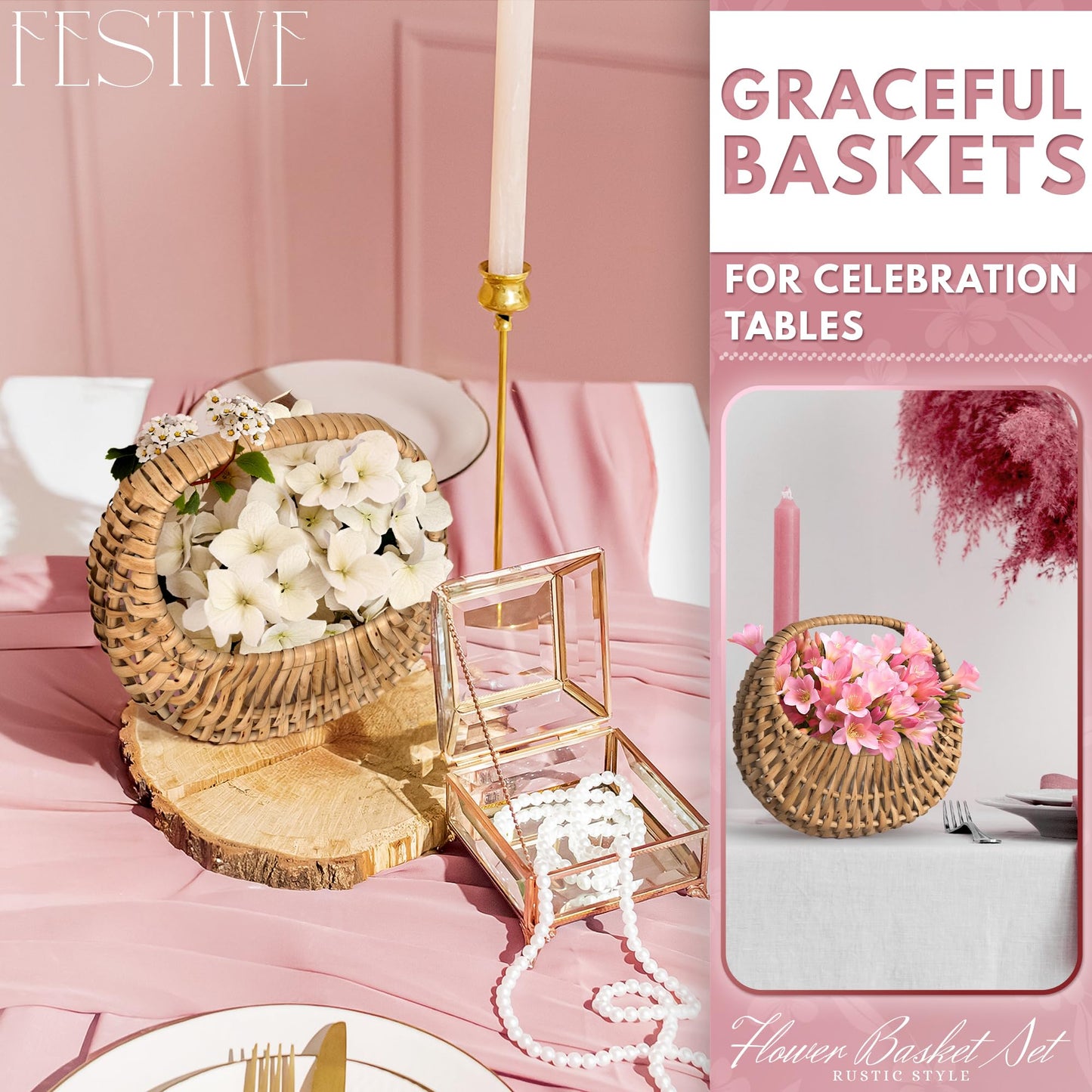Small Flower Girl Basket Set of 2 - Small Wicker Basket with Handle and Waterproof Lining, 6.3 x 5.12 x 3.75 Inch - Rattan Design for Wedding Flower Petals, Candy, Gift Use, Storage and Home Decor