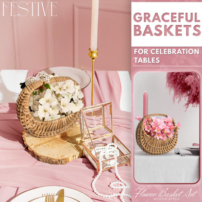 Small Flower Girl Basket Set of 2 - Small Wicker Basket with Handle and Waterproof Lining, 6.3 x 5.12 x 3.75 Inch - Rattan Design for Wedding Flower Petals, Candy, Gift Use, Storage and Home Decor
