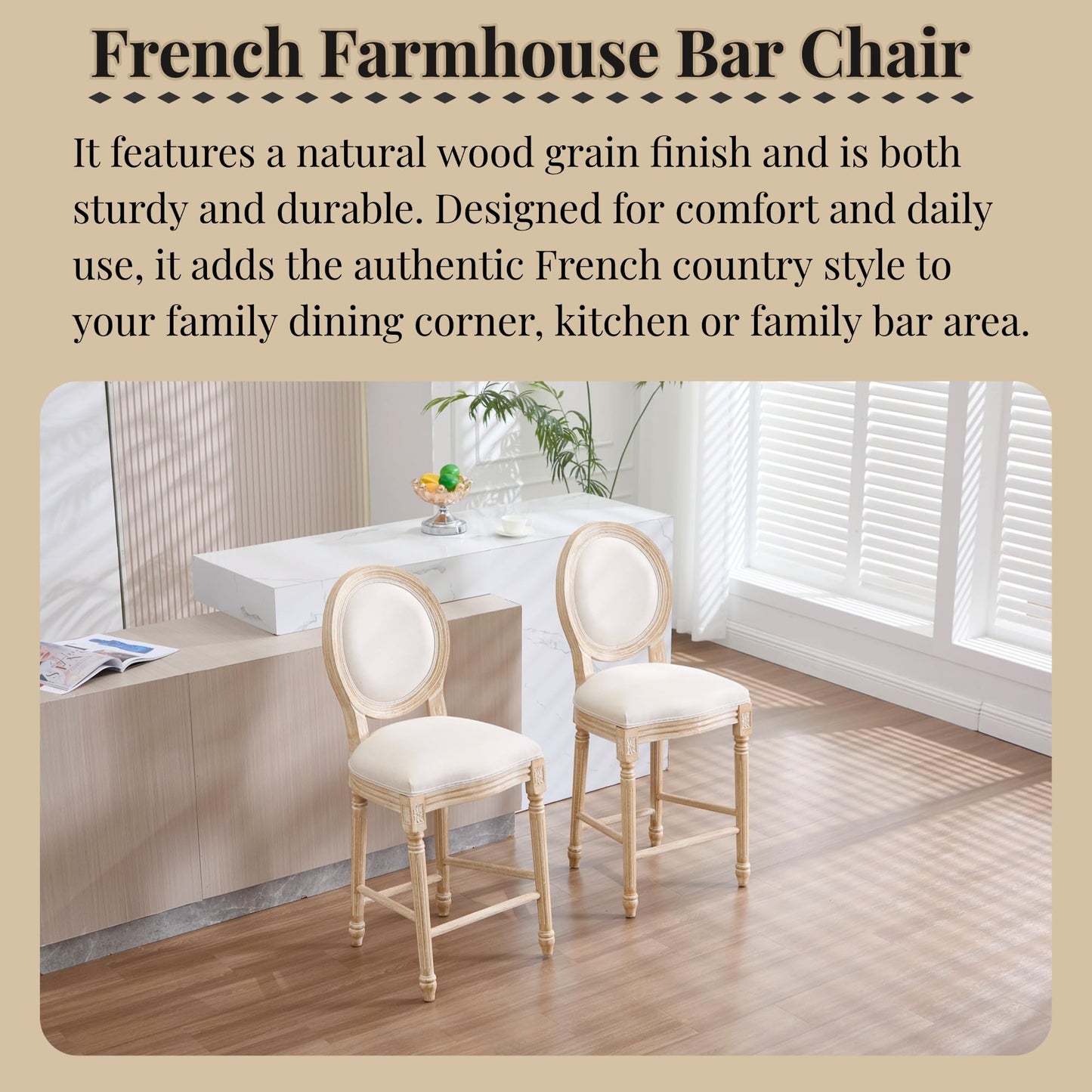 26" French Country Counter Height Chairs Set of 2,Upholstered Round-Back Bar Stools with Solid Wood Frame,Brushed Wire-Drawing Finish, Disassemblable Design for Kitchen,Living Room,Restaurant, Beige