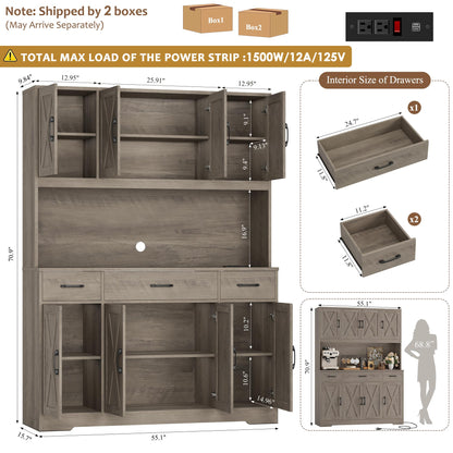 HOSTACK 71" Tall Pantry Cabinet with Charging Station, 55" Wide Kitchen Pantry Storage Cabinet with Countertop, Large Kitchen Hutch with Storage Drawers and Microwave Stand for Dining Room, Ash Grey