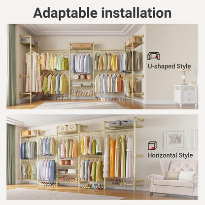 Timate U5 Expandable Wall Mounted Clothes Rack, Walk in Closet, Heavy Duty Industrial Pipe Clothing Rack with 4 Expandable Hanger Rods & 8 Adjustable Shelves, Fits Spaces 8'- 10', Gold