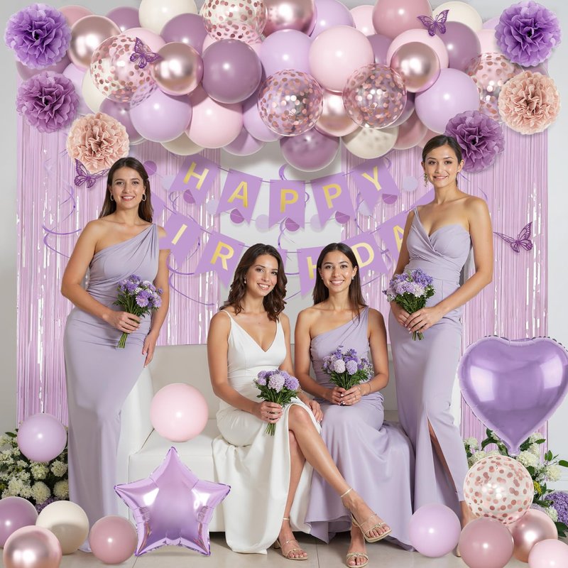 Dusty Purple Birthday Party Decorations, Lavender Pink Sand Confetti Rose Gold Balloons Happy Birthday Banner Fringe Curtains Butterfly Hanging Swirls Circle Dots Tassels Pompoms for Women Girls Party