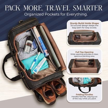 Luxorro Full Grain Leather Duffle Bag for Men | TSA Approved 22x14x9 Carry On Luggage | 22 Inch, 45L Capacity | Overnight Weekender & Travel Duffel | Black
