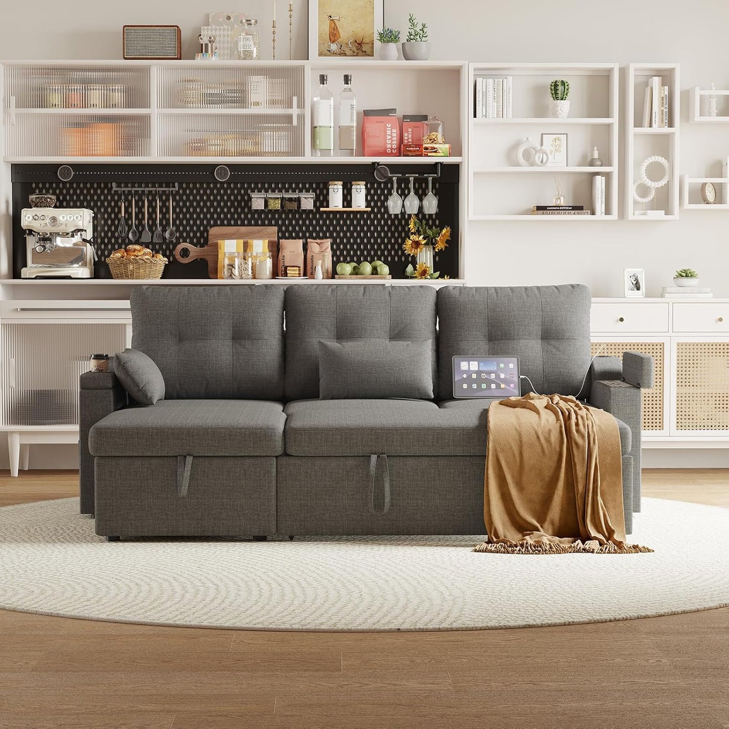 IDEALHOUSE Sofa Bed, L-Shaped Sectional Sleeper Sofa with Storage, Pull-Out Bed, Reversible Chaise, USB-C Ports, Washable Covers, Space-Saving Compact Design, Grey