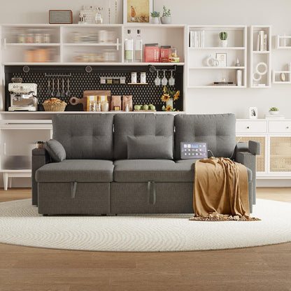 IDEALHOUSE Sofa Bed, L-Shaped Sectional Sleeper Sofa with Storage, Pull-Out Bed, Reversible Chaise, USB-C Ports, Washable Covers, Space-Saving Compact Design, Grey