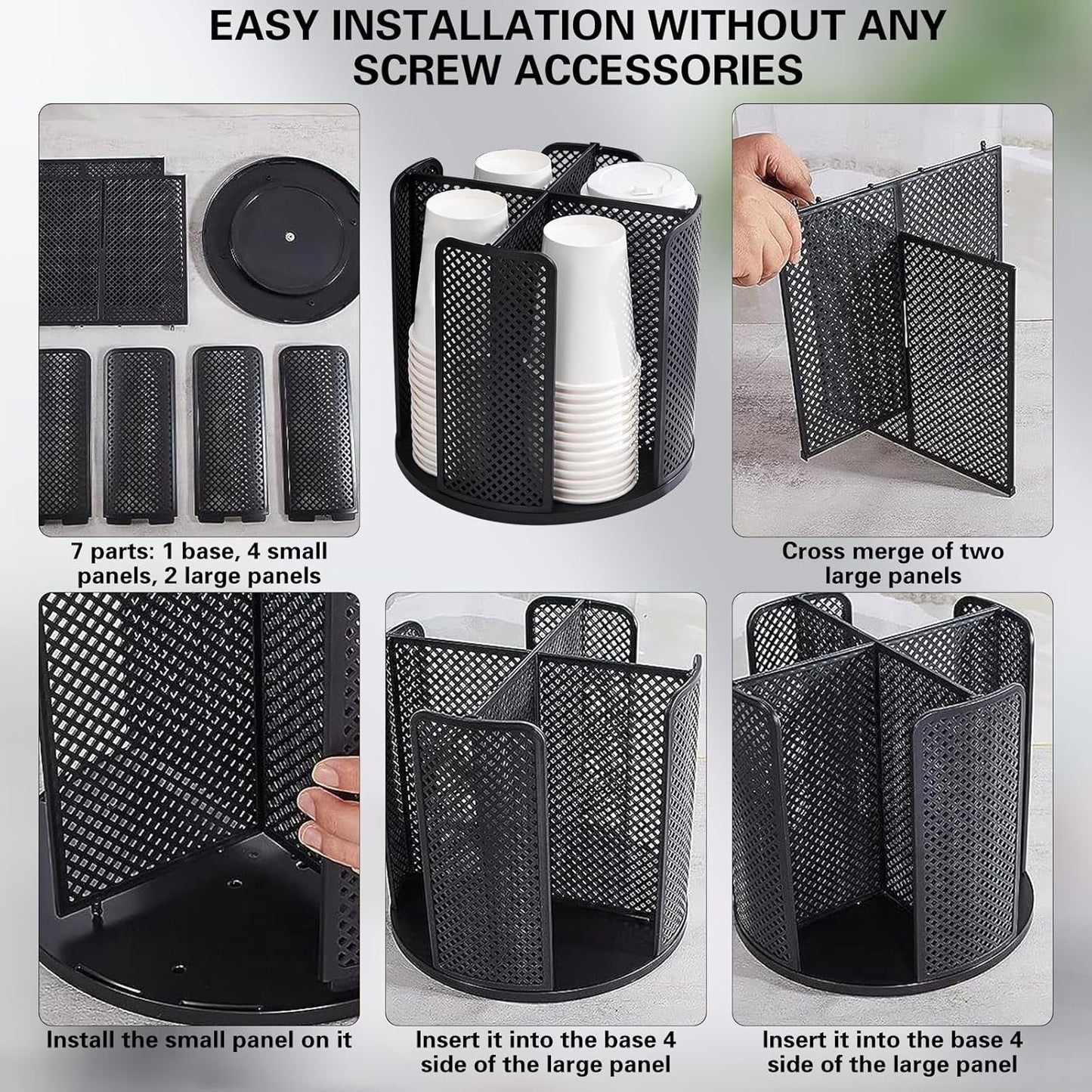 Black Rotated Cup and Lid Dispenser, Paper Cup Holder for Countertop with 4 Compartments for Coffee Station