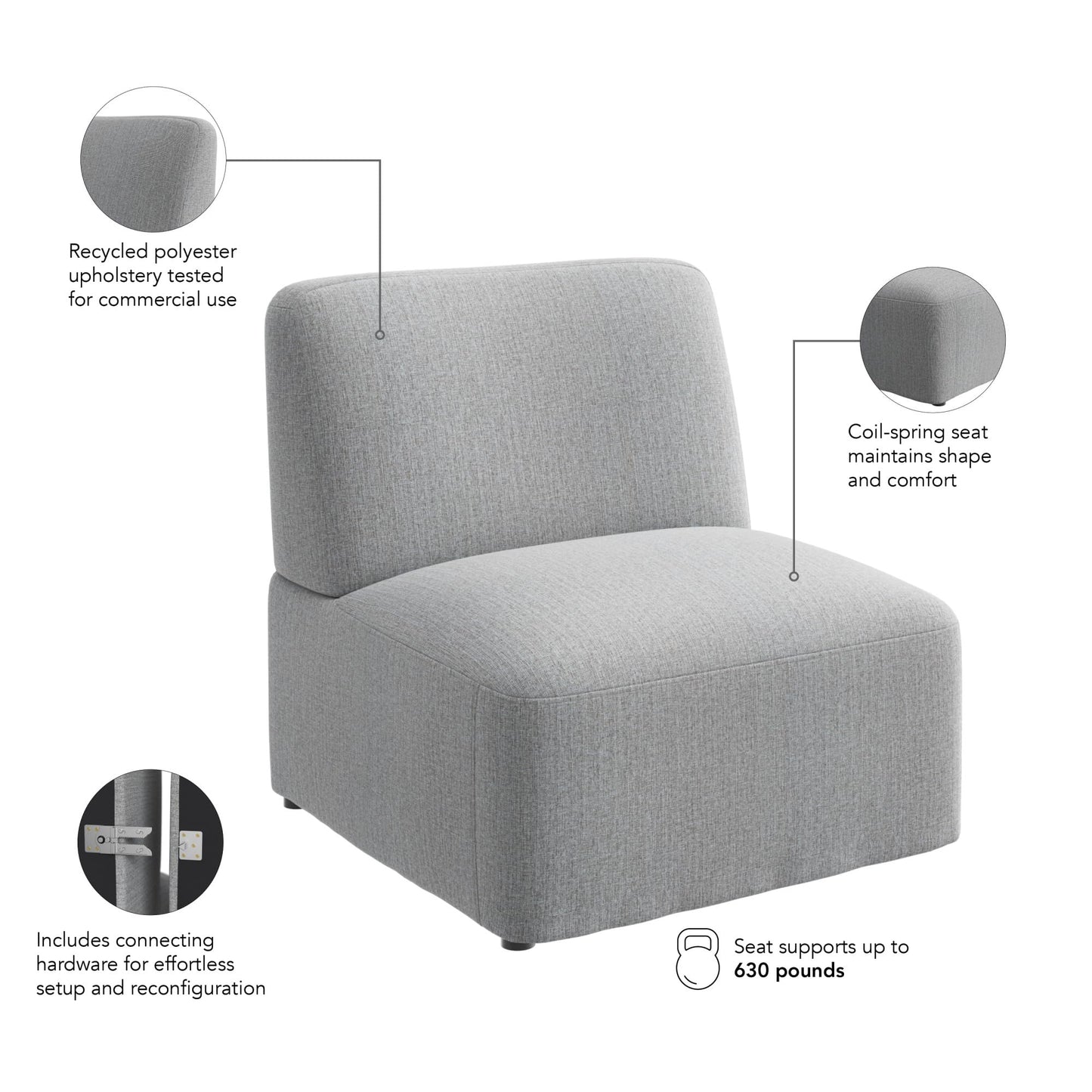 Bush Business Furniture Modular Armless Lounge Chair, Guest Seating for Lobby or Reception Area, Assemble Collection, Fog Fabric