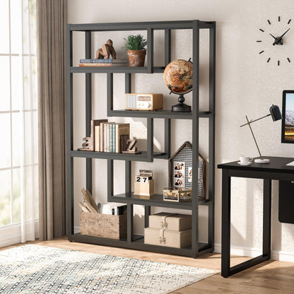 Tribesigns Way to Origin 6-Shelf Modern Bookshelf Set of 2, Industrial Etagere Bookcase, 69-Inch Tall Storage Display Staggered Shelves with Sturdy Metal Frame, Black