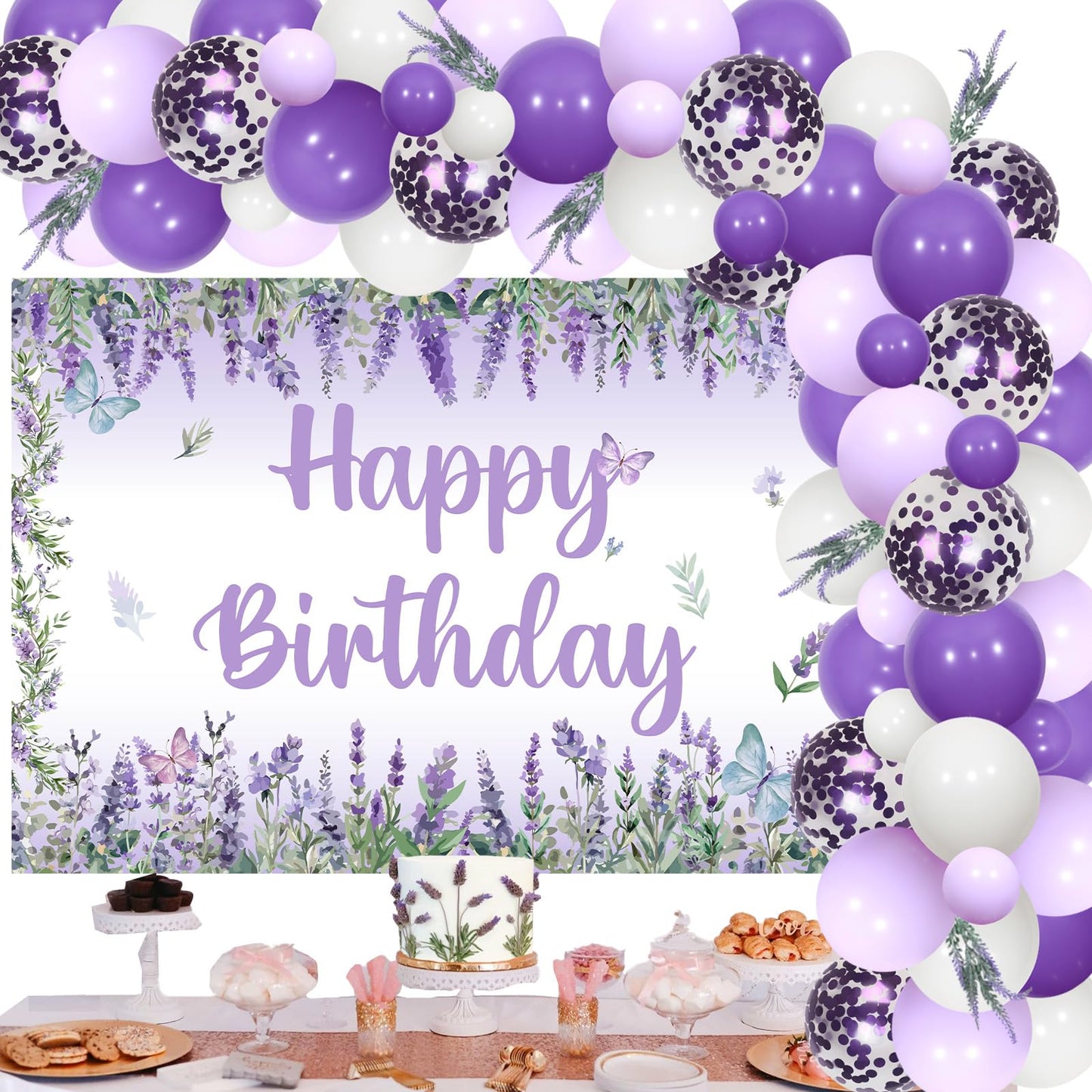 JOYMEMO Lavender Birthday Balloons Arch Kit, Purple Lavender Floral Butterfly Happy Birthday Backdrop Banner Artificial Flowers Decorations for Girls Women Bday Party Decor Supplies