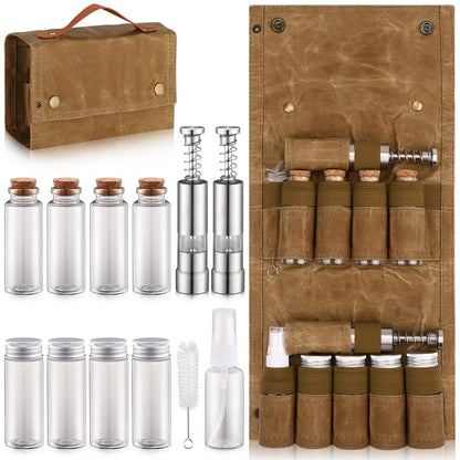 TOBWOLF Camping Spice Kit with 9 Jars, 2 Salt/Pepper Grinders, Portable Spice Bag, Foldable Canvas Seasoning Storage Bag Organizer, Mini Condiment Container Set for Outdoor Camping Picnic BBQ - Khaki