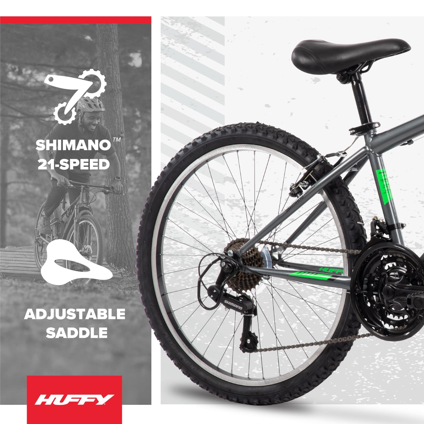 Huffy Stone Mountain Mens 24 Inch Mountain Bike, Charcoal Gloss Frame, 21-Speed Shimano Twist Shifting, Front Suspension, Comfort Saddle | 20"/24"/26" Sizes, 6-21 Speeds, Dual Suspension Available