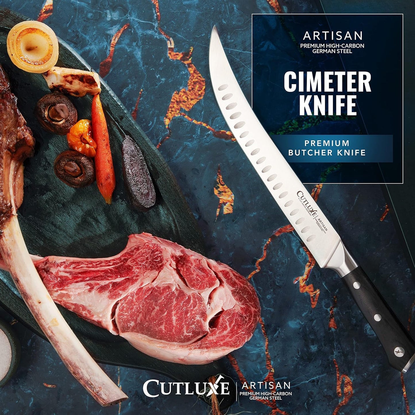 Cutluxe Butcher Knife – 10″ Cimeter Breaking Knife, Razor Sharp Forged High Carbon German Steel, Full Tang Meat Carving Knife, Ergonomic Handle Design, Grilling Gifts for Men – Artisan Series