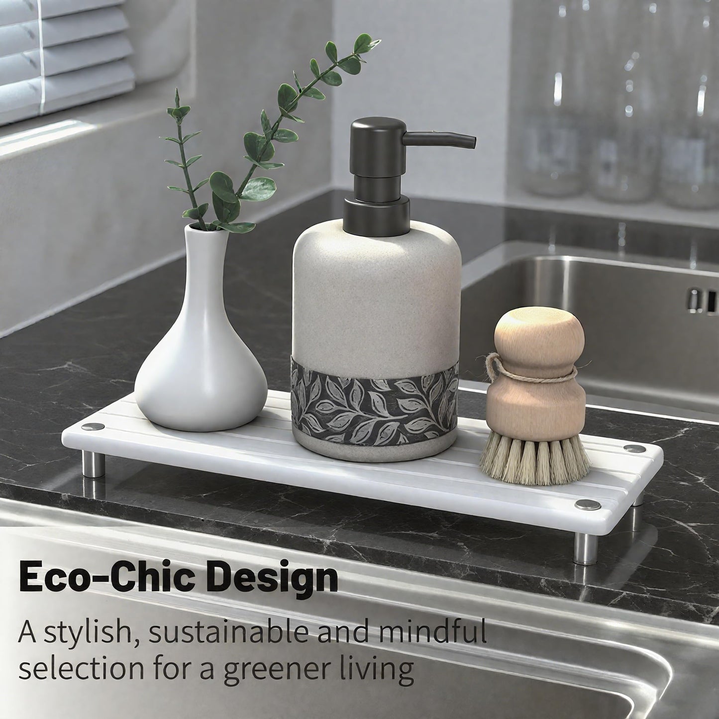 Quick Dry Sink Caddy Kitchen Sink Organizer, Water Absorbing Stone Tray for Sink, Stone Drying Tray, Diatomite Faucet Mat & Protector, Dispenser Sponge Holder, Stone Soap Tray for Bathroom Counter