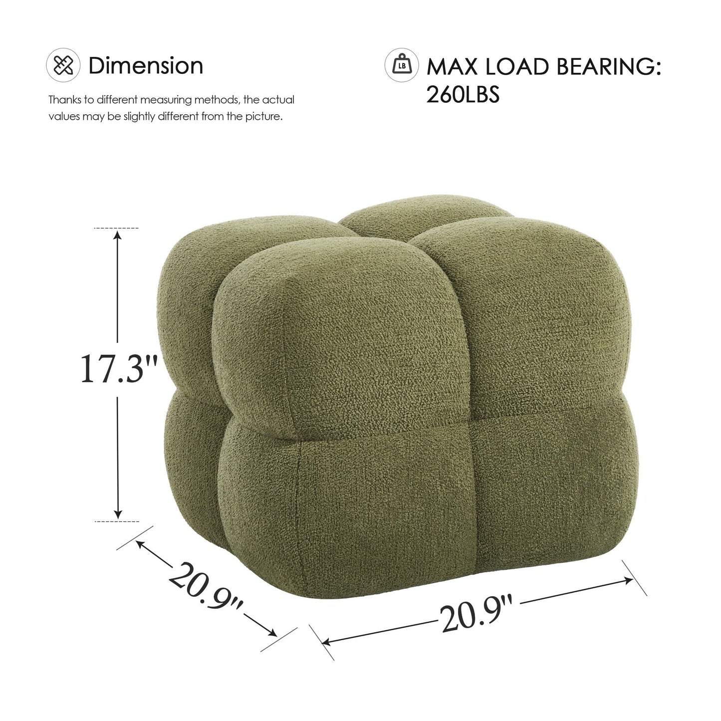 Zesthouse Square Pouf Ottomans Footstool Set of 2, Upholstered Poofy Ottoman for Couch Sofa, Modern Vanity Chair Backless for Living Room, Green Boucle Stool Foot Rest, Fabric Ottoman Coffee Table
