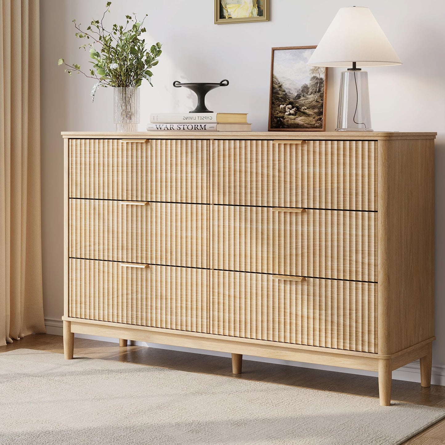 LINSY HOME Fluted Dresser for Bedroom with 6 Drawers, 54" Wide Mid Century Modern Dressers, Tall Boho Chest of Drawers, Large Wood Accent Storage Cabinet for Living Room, Curved Profile Design, Oak